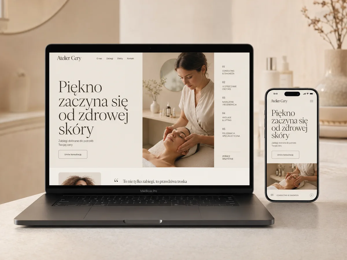 Koncepcja strony salonu kosmetycznego Atelier Cery na laptopie i telefonie